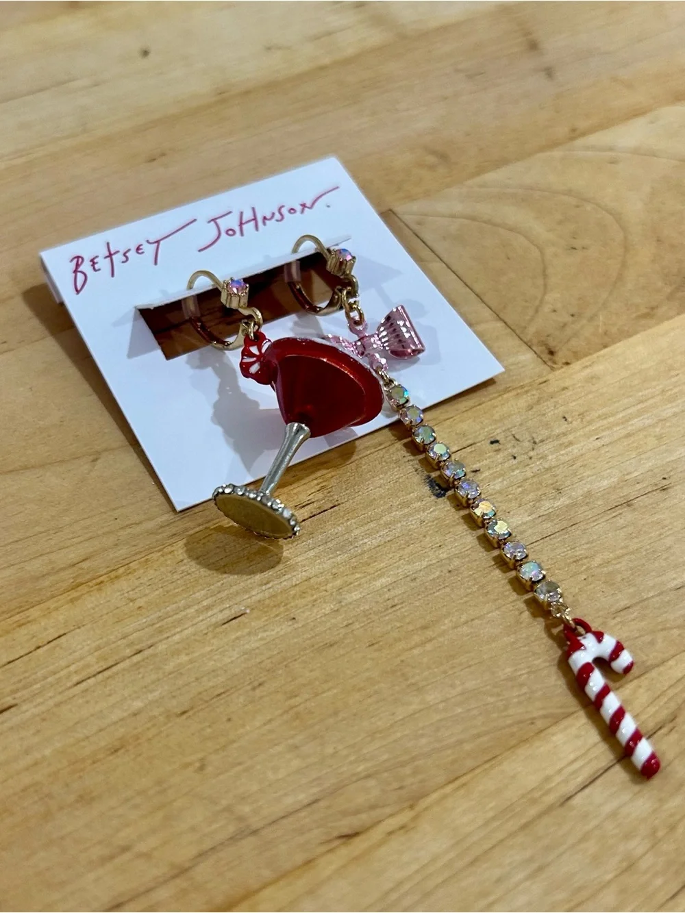 Betsey Johnson Peppermint Martini Christmas Mismatched Dangle Drop Earrings